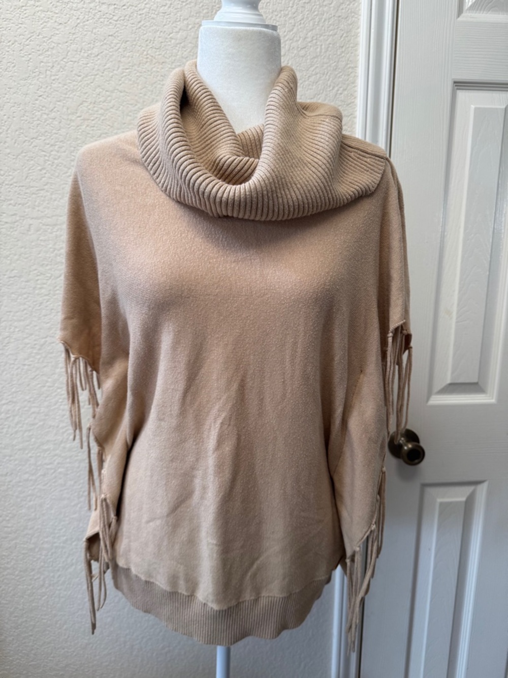 Michael Kors Fringe Poncho Sweater Size S Camel Taupe Cowl Neck Boho